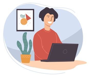Woman sitting by personal computer working from home and completing business projects. Personage with laptop, distance worker or freelancer. Student learning from internet. Vector in flat style. Working from home, freelancer by personal computer