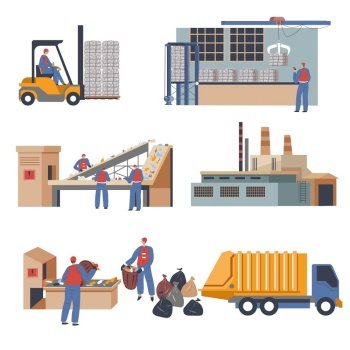 People working on recycling factory or facility center sorting garbage and cleaning environment. Truck for transportation, conveyor belt for separation and forklift with compressed boxes, vector. Garbage recycling factory or facility workers