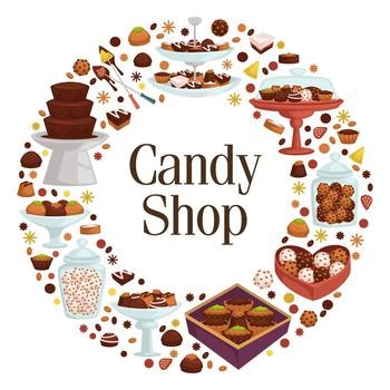 Assortment of sweets and desserts in candy shop, store with variety of chocolate and cookies with nut. Sugary food and meal, supermarket holiday advertisement circle banner. Vector in flat style. Candy shop store or shop with assortment of sweets