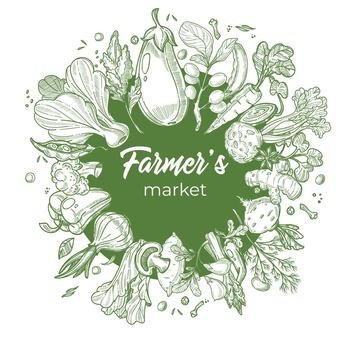 Emblem or logotype for farmers market assortment of vegetables and fruits. Eggplant and onion, carrot and bell pepper, mushroom and celery root, ginger and spices. Emblem vector in flat style. Farmers market logotype for vegetables seller