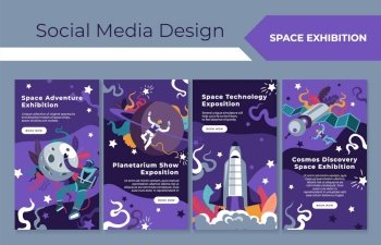 Space adventure exhibition, social media design. Astronomy excursion advertising set, template banner with galaxy, planet. Planetarium show advertising, discovery cosmos collection. Space adventure exhibition, social media design