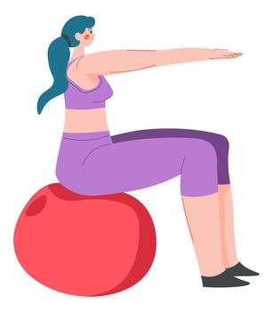 Workout and exercises using fitness ball in gym, isolated female character improving flexibility and stretching, strengthening body and care for health. Sportive girl preparing for competition, vector. Woman exercising on fitness ball, gym workout
