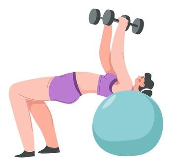 Female character working out and keeping fit, active woman on fitness ball lifting dumbbells. Isolated girl training for competition or losing weight in gym or home. Athletic lady vector in flat. Sports and gymnastics, working out woman on ball