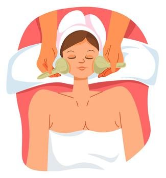 Rejuvenation and moisturizing of skin on face with massages and procedures in spa salon. Female character with towels lying on table, professional care of specialist cosmetician. Vector in flat. Facial massage for rejuvenation and moisturizing