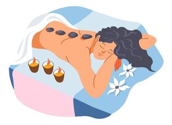 Procedure in spa salon for back health and relieving muscles from tension and pain. Hot stones massage and aromatherapy done by professional masseuse. Woman on resort relaxing. Vector in flat style. Hot stones massage procedure in spa salon vector