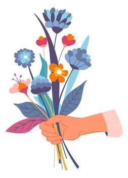 Bouquet of wildflowers, isolated hands holding exotic plants. Blossom and blooming of botany, aromatic bunch of leaves. Daisy and tulip, spring and summer seasonal flora. Vector in flat style. Flower in blossom, bouquet with wildflowers vector