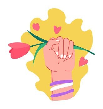 Hand with manicure and tulip in blossom, isolated female character feminist lady. Feminine design with hearts, present for woman, bouquet composition. Beautiful nails with polish, vector in flat. Feminism and beauty, hand with manicure and tulip