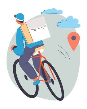 Courier on bike delivering products and goods ordered online. Male character on bicycle searching for location, takeaway, service of restaurant and cafe. Shipment transportation. Vector in flat. Delivering goods and ordered food, courier on bike
