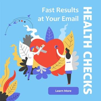 Clinics and hospital health checks, fast results at your email. Website with information and service, examination and diagnosis for patients. Professional help and treatment, vector in flat style. Health checks, fast result at your email website
