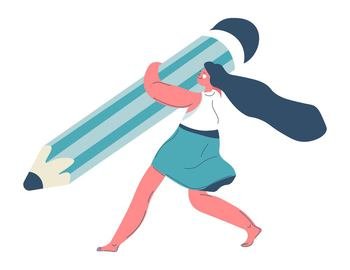 Female character holding and carrying huge pencil, isolated woman or student. Studying and obtaining education, working on project. School or office supplies. Drawing artist, vector in flat style. Woman with pencil, student with pen school supply