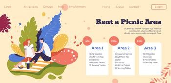 Pick and choose picnic area for rent, website page with proposals for people. Summer or spring weekend and rest, spending time outdoors on nature. Man and woman eating out, vector in flat style. Rent picnic area, online website with reservation