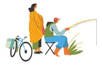Summer recreation and hobbies, woman covered in blanket and man holding fishing rod catching fish. Outside nature vacations and rest, male and female on weekends out of town. Vector in flat style. Couple fishing by river or pond, summer recreation