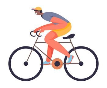 Man riding bicycle, isolated cyclist male character, practicing teenager. Preparation for tournament or sportive competition. Transportation and recreation on summer vacation. Vector in flat style. Male character riding bicycle, cycling sportsman
