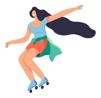 Female character resting by practicing roller skating. Isolated teenager girl with cheerful expression on face. Summer activities and relaxation, recreation and sportive hobby. Vector in flat. Woman roller skating, teenager hobby resting girl