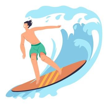 Summertime hobbies and activities, isolated man surfing and exploring waves of sea or ocean. Tropical vacation and rest by seashore. Sports and extreme recreation of male. Vector in flat style. Man surfing on wave, summertime activities and fun