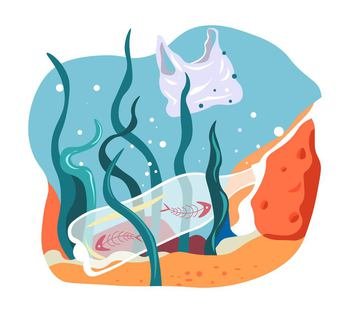 Pollution and contamination of water with plastic garbage and litter. Bag and bottle on bottom of ocean or sea. Nature problems, ecosystem and decay of marine dwellers and fauna. Vector in flat style. Water pollution and contamination of ocean mass