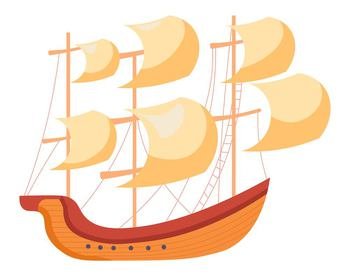 Sailing ship vessel with sails and wooden base, ancient regatta or transport for exploring world. Navigation and transportation, nautical sport or summer recreation, pirates. Vector in flat style. Ancient sailing ship or vessel, voyage traveling