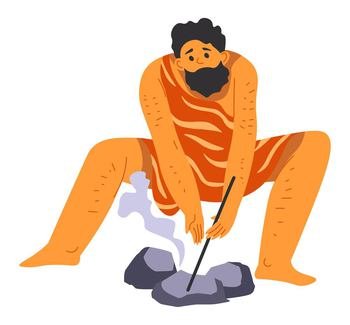 Ancient people civilization and progress, isolated male character trying to make bonfire with dry sticks and stones for warmth. Men wearing leather clothes, prehistoric times. Vector in flat style. Caveman trying to make bonfire, surviving man