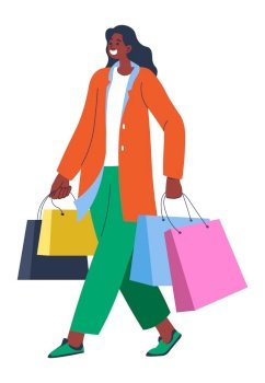Female character smiling, walking with bags, shopping and returning from shop, store or market. Consumerism and retail, cheerful young lady with presents on holidays or special event. Vector in flat. Shopping woman with bags, lady returning from mall