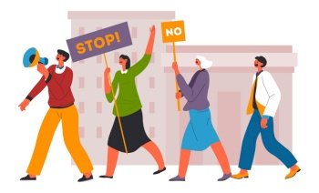 People shouting stop and no, characters on mass protests. Democracy and freedom fight, movement against regime. Activism and patriotism, revolution and expression of thought. Vector in flat style. Protesters encouraging to stop, people shouting