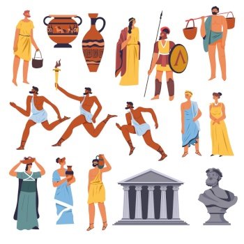 Culture and history of ancient greece, isolated people wearing traditional clothes. Man and woman at wedding, male characters taking part in Olympic games running with torch. Amphora and vase, vector. Ancient Greek culture and sports, clothes set