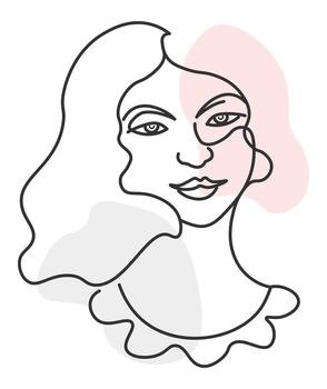 Stylish and fashionable female character, woman with smile on face. Portrait of young lady with curly hair. Continuous line. Minimalist drawing, sketch with watercolor blot. Vector in flat style. Elegant woman portrait sketch, minimalist drawing