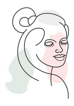 Portrait of woman, elegant and stylish female character with ponytail hairstyle. Abstract logo for beauty salon or hairdresser. Minimalist drawing, sketch with watercolor blot. Vector in flat style. Abstract portrait of woman with ponytail hairstyle