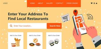 Local restaurants and cafe, shops and grocery supermarkets for food delivery. Use smartphone to type location address and gt delivery. Website landing page template, online site. Vector in flat style. Find your address search for local restaurants