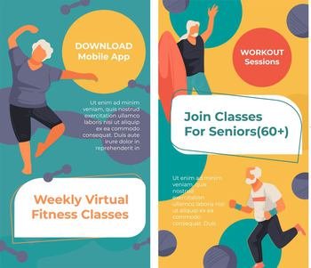 Virtual online classes for working out and yoga lessons. Coach in mobile application, sports activities and leisure relaxation. Advertisement and marketing banner or poster. Vector in flat style. Weekly virtual fitness classes, join online web
