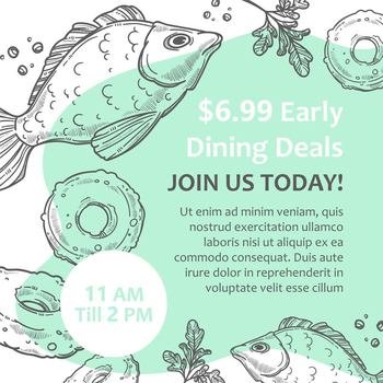 Dining deals sales and discounts in shop or restaurants. Join us today. Advertisement for store or bistro with seafood dishes. Fish and donut. Monochrome sketch outline, vector in flat style. Early dining deals, restaurant discounts vector