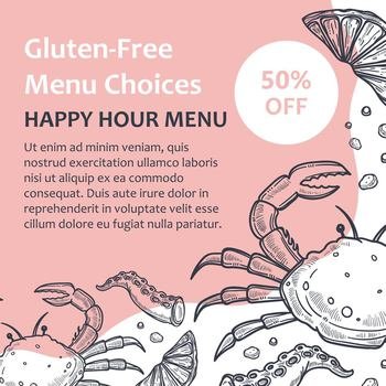 Happy hour menu with no gluten, crab seafood with slice of lemon citrus. Tasty dishes and nourishment, healthy dieting and gourmet meal for dinner. Monochrome sketch outline, vector in flat style. Gluten free menu choices, happy hour restaurant