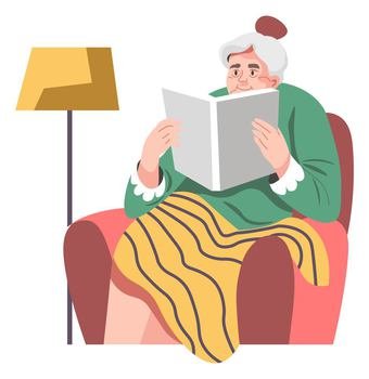 Elderly woman reading book sitting in armchair. Old female character with a storybook, enjoying literature at home. Comfortable relaxation. Granny leisure time and rest. Vector in flat style. Grandmother reading book in armchair, leisure