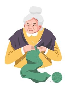 Senior woman knitting, isolated elderly female character hobby and relaxation. Lady with needles and ball of thread making sweater or knitwear. Granny leisure time and rest. Vector in flat style. Grandmother knitting granny, hobby and lifestyle