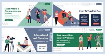 Web page design set for journalism school promo. Landing banner collection with man woman journalist character, vector illustration. Learn at online college advertising, template website. Web page design set for journalism school promo