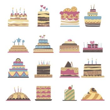 Variety of cakes and tasty desserts, birthday sweets with frosting and icing, burning candles for making wish. Chocolate and mousse, creamy top with strawberry or cherry. Vector in flat style. Birthday cake dessert with frosting, bakery meal