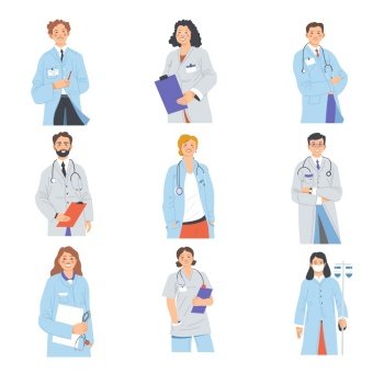 Therapists or physicians with stethoscopes and notepads taking notes in clinics or hospitals. Isolated professional nurse or cardiologist treating patients from diseases. Vector in flat style. Doctors wearing coats, taking notes on notebook
