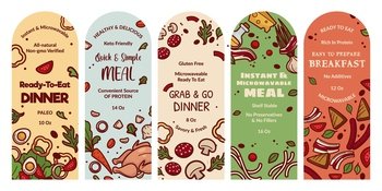 Packaging label design for ready to eat dinner. Natural quick, simple meal, instant and microwavable product tag, vector illustration. Template emblem with flat ingredient, keto friendly dinner. Packaging label design for ready to eat dinner