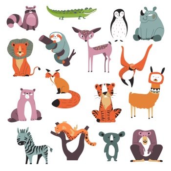 Animals characters from wilderness, zoo or biodiversity park. Isolated personages tiger and lion, penguin and koala, rhino and deer, fox and bear, llama and monkey or chimpanzee. Vector in flat style. Wild animals, small cartoon characters vector