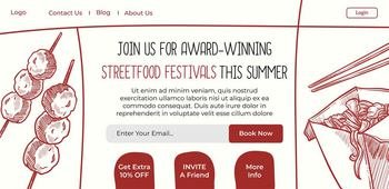 Join us for summer street food festival, weekend or holidays. Best cuisine and dishes from chefs, tasty beverages, and meals. Website landing page template, internet site. Vector in flat style. Street food festivals this summer, join now web