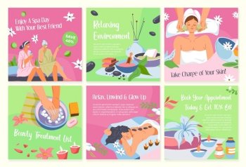 Social media set with spa procedure advertising. Flat woman character at beauty salon, network post collection. Enjoy spa day with friend, face treatment offer, vector illustration. Social media set with spa procedure advertising