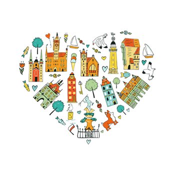 Hand drawn abstract design of Gdansk with tourist attractions. Travel to Poland concept. Illustration for travel guide, poster or apparel design. Hand drawn abstract design, landmarks of Gdansk