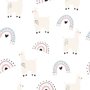 Seamless pattern with cute hand drawn llamas and rainbows in a boho style. Funny design with animal faces for cloth prints, wallpaper, wrapping paper. Seamless pattern with cute hand drawn llamas and rainbows in a boho style