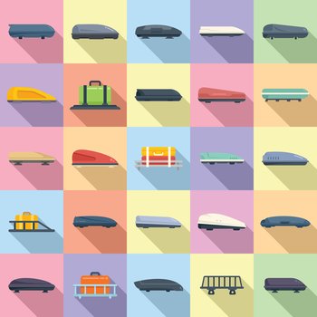 Car roof box icons set flat vector. Auto baggage. Cargo box. Car roof box icons set flat vector. Auto baggage