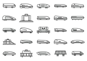 Car roof box icons set outline vector. Auto baggage. Cargo box. Car roof box icons set outline vector. Auto baggage
