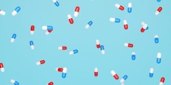 Floating medical capsules on blue background. 3d illustration