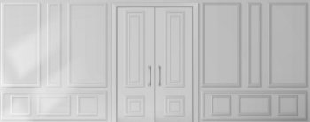 House interior with wall with white wooden panels and doors in vintage victorian style. Vector realistic 3d illustration of empty room with molding frames on wall and double doors. Wall with white wooden panels and doors