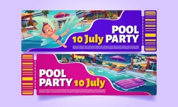 Tickets or coupons to pool party in luxury hotel. Invitation flyers design with happy boy jump in water and swimming pool with lounge chairs and umbrellas at night, vector cartoon illustration. Tickets or coupons to pool party in luxury hotel
