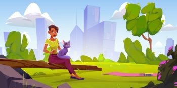 Girl holding cat on green lawn with city on background. Summer landscape with woman with kitten sitting on log, books on mat and town buildings on skyline, vector cartoon illustration. Summer landscape with girl holding cat