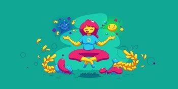 Emotional balance concept. Woman meditate floating in lotus posture. Contemporary female character control emotions, wellness, good feeling choice, mind health Cartoon linear flat vector illustration. Emotional balance concept, calm woman meditate