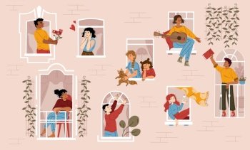Neighbors in windows, neighborhood communication, fall in love, coliving, mutual help concept with friendly Men and women at their apartments chatting, relax, Cartoon linear flat vector illustration. Neighbors in windows, neighborhood communication
